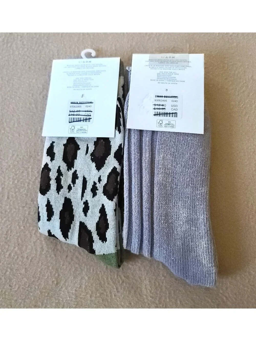 2 Pairs Urban Outfitters Crew Socks One Size Unisex Animal Print + Acid Wash NEW
